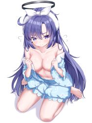 1girl absurdres animal_print bare_shoulders black_halo blue_archive blue_eyes blue_pajamas blue_shirt blue_shorts blush breasts cat_print cleavage full_body hairband halo highres kuma_piv large_breasts long_hair looking_at_viewer mechanical_halo navel official_alternate_costume open_clothes pajamas print_pajamas purple_eyes purple_hair shirt short_sleeves shorts sitting sleepwear solo wariza white_hairband yuuka_(blue_archive) yuuka_(pajamas)_(blue_archive)