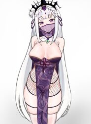 1girl absurdres arms_behind_back bare_shoulders breasts china_dress chinese_clothes chinese_new_year cinn_angl detached_collar dress emilia_(re:zero) flower flower_knot hair_flower hair_ornament highres large_breasts long_hair mouth_veil pelvic_curtain purple_eyes re:zero_kara_hajimeru_isekai_seikatsu rose simple_background smile solo standing veil very_long_hair white_background white_flower white_hair white_rose x_hair_ornament