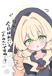 1girl beret black_gloves black_shirt blonde_hair blue_archive blush bow commentary_request gloves green_eyes grey_hat grey_jacket grey_sailor_collar hair_between_eyes hair_intakes halo hat highres jacket kujou_karasuma long_hair long_sleeves looking_at_viewer off_shoulder open_clothes open_jacket open_mouth peeking_out professor_niyaniya_(blue_archive) red_bow sailor_collar school_uniform serafuku shirt simple_background solo translation_request twitter_username upper_body very_long_hair watermark white_background wide_sleeves