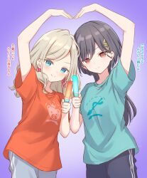 Rule 34 | &gt;:), 2girls, animal print, bear print, black hair, black pants, blue eyes, blue pants, blue shirt, breasts, ceras yanagida lilienfeld, character logo, closed mouth, commentary request, cowboy shot, edel note, glowstick, gradient background, grey hair, hair ornament, hair ribbon, hanazora satsuki, heart arms, highres, holding, holding glowstick, katsuragi izumi, link! like! love live!, long hair, looking at viewer, love live!, medium breasts, multiple girls, orange eyes, orange shirt, pants, penlight (glowstick), pink ribbon, purple background, radial gradient background, ribbon, seeno de! hasu no sora!, shirt, short sleeves, simple background, smile, split mouth, standing, swept bangs, t-shirt, track pants, translation request, triangle hair ornament, v-shaped eyebrows, virtual youtuber, weapon print, wolf cut