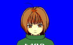 1girl ahoge blue_background brown_eyes brown_hair frown green_sweater looking_at_viewer original pixel_art rustle short_hair simple_background solo sweater upper_body