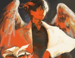1boy black_hair black_shirt book coat collared_shirt demon_horns double-parted_bangs elbow_rest feathered_wings fingernails glowing glowing_eyes hair_between_eyes holding holding_book horns looking_at_viewer macaronijail male_focus official_alternate_costume omniscient_reader&#039;s_viewpoint open_book painterly red_eyes sharp_fingernails shirt short_hair sidelighting smirk solo upper_body white_coat white_wings wings