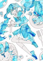 1girl absurdres banana banana_slice blue_eyes blue_hair blue_serafuku blue_shoes blue_skirt blue_theme check_commentary commentary_request danjou_sora eyelashes food fork fruit full_body hair_between_eyes hair_intakes hatsune_miku highres holding holding_knife kneehighs knife koi loafers long_sleeves looking_at_viewer medium_hair melon melon_slice monochrome mousou_kanshou_daishou_renmei_(vocaloid) parted_lips pleated_skirt ribbon sailor_collar sailor_shirt school_uniform serafuku shirt shoes sidelocks skirt socks solo twintails vocaloid