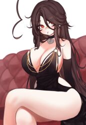 Rule 34 | 1girl, absurdres, ahoge, ass, backless dress, backless outfit, bandaid, bandaid on face, bandaid on nose, bare legs, bare shoulders, black choker, black dress, black gloves, blood, blood from mouth, blood on face, blush, breasts, brown hair, chain, choker, cleavage, closed mouth, collarbone, couch, crossed legs, dress, elbow gloves, eyebrows hidden by hair, eyes visible through hair, gloves, gold chain, gold necklace, heart, heart ahoge, heart choker, highres, hip vent, huge ahoge, indie virtual youtuber, jewelry, large breasts, long hair, looking at viewer, low neckline, meme attire, modakawa dress, necklace, o-ring dress, on couch, orange eyes, sky above me, sky above me (vtuber), sleeveless, sleeveless dress, swept bangs, thighs, white background