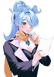 Rule 34 | 1girl, aqua eyes, aqua nails, blue hair, breasts, cleavage, commentary, cosplay, earrings, elira pendora, english commentary, flowersforji, formal clothes, glint, hair intakes, hair over one eye, head wings, high ponytail, highres, holding, holding paper, jewelry, light blush, mia fey, mia fey (cosplay), nijisanji, nijisanji en, paper, parted lips, ponytail, scarf, simple background, solo, suit, virtual youtuber, white background, wings