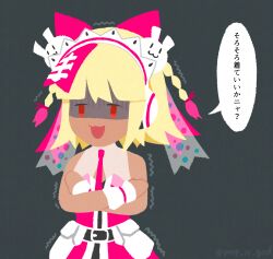 Rule 34 | 1girl, beatmania iidx, beatmania iidx 32 pinky crush, bemani, blonde hair, commentary request, cowboy shot, dark-skinned female, dark skin, dress, hair ornament, headphones, highres, irasutoya, maid headdress, open mouth, orange eyes, pink dress, prop is god, rabbit hair ornament, shaded face, simple background, sleeveless, sleeveless dress, smile, solo, translation request, trembling, white dress, xiatian (beatmania)