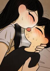 1boy 1girl absurdres bed bedroom black_hair blouse blush brother_and_sister couple french_kiss hand_on_neck hetero highres incest kiss little_brother long_hair mari_(faraway)_(omori) mari_(omori) older_sister omori shirt short_hair siblings sunny_(omori) sweat tongue tongue_out