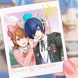 1boy 1girl :d absurdres animal_ear_hairband animal_ears aqua_hairband black_jacket blue_eyes blue_hair blurry blurry_background bow bowtie brown_eyes brown_hair cardigan cat_ear_hairband cat_ears character_name choker da-cart fake_animal_ears green_ribbon hair_bow hairband highres jacket looking_at_viewer nail_polish neck_ribbon open_clothes open_jacket open_mouth persona persona_3 photo_(object) pink_bow pink_cardigan pink_nails red_bow red_bowtie ribbon shirt short_hair smile takeba_yukari upper_body white_choker white_shirt yuuki_makoto_(persona_3)