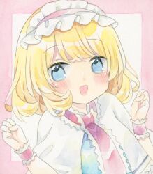 Rule 34 | 1girl, alice margatroid, blonde hair, blue dress, blue eyes, blush, capelet, dress, frilled hairband, frilled neckerchief, frilled wrist cuffs, frills, hairband, hands up, highres, kagome f, looking at viewer, neckerchief, open mouth, painting (medium), pink background, red hairband, red neckerchief, shikishi, short hair, solo, touhou, traditional media, upper body, watercolor (medium), white capelet, wrist cuffs