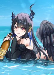 1girl asymmetrical_horns bare_shoulders beer_bottle black_hair black_wings blue_hair blurry blurry_background bottle breasts demon_horns feathered_wings highres holding holding_bottle hololive hololive_english horns large_breasts long_hair lying mizuhasi mole mole_under_eye multicolored_hair nerissa_ravencroft on_stomach partially_submerged purple_eyes solo two-tone_hair uneven_horns very_long_hair water wings