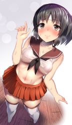 1girl ayagi_daifuku bad_feet bikini blush breasts closed_mouth embarrassed female_focus headband kantai_collection looking_at_viewer medium_breasts micro_bikini miniskirt nagara_(kancolle) red_skirt see-through_clothes short_hair skirt solo sweat sweatdrop swimsuit thighhighs wet wet_clothes white_thighhighs