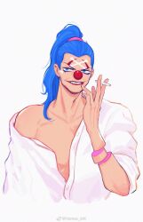 Rule 34 | 1boy, between fingers, blue eyes, blue hair, buggy the clown, cigarette, clown nose, facepaint, highres, holding, holding cigarette, long hair, male focus, off shoulder, one piece, ponytail, shirt, simple background, smoking, solo, sparse stubble, upper body, vamos mk, white shirt