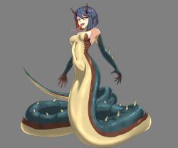 1girl absurdres ark_line blue_hair blue_skin breasts brown_scales colored_skin commentary_request completely_nude full_body godzilla_(series) green_scales grey_background highres hood horns king_cobra_(godzilla) lamia long_tongue looking_at_viewer medium_breasts monster_girl multicolored_hair multicolored_skin navel no_nipples no_pussy nude open_mouth personification pointy_ears red_hair ribs sideboob simple_background slit_pupils smile solo spikes stomach tongue tongue_out two-tone_hair yellow_eyes yellow_scales