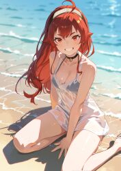 Rule 34 | 1girl, absurdres, ahoge, beach, bell, bikini, bikini under clothes, black bikini, black choker, breasts, choker, cleavage, commentary, day, eris greyrat, grin, headband, highres, long hair, medium breasts, mushoku tensei, neck bell, ocean, outdoors, red eyes, red hair, seuhyo99, shirt, smile, solo, swimsuit, symbol-only commentary, teeth, wet, wet clothes, wet shirt