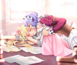 2girls absurdres alisa_reinford blonde_hair closed_eyes commentary commission desk eiyuu_densetsu english_commentary highres indoors kiss kissing_cheek long_hair long_sleeves maid_headdress manu-chann multiple_girls on_desk paperwork purple_hair sen_no_kiseki sen_no_kiseki_(series) sen_no_kiseki_iii sharon_kreuger short_hair sitting sleeping sleeping_on_desk twitter_username watermark web_address window