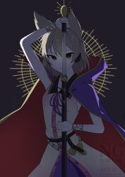 1girl arm_up backlighting cape dress highres holding holding_sword holding_weapon looking_at_viewer norimi_(01norimi28) pointy_hair sheath short_hair sleeveless sleeveless_dress solo sword touhou toyosatomimi_no_miko unsheathing upper_body weapon