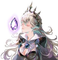 1girl breasts cape cleavage closed_mouth collar commentary_request female_corrin_(fire_emblem) female_corrin_(silent_bloodline)_(fire_emblem) crown dragonstone fire_emblem fire_emblem_fates fire_emblem_heroes grey_hair lips long_hair medium_breasts nintendo official_alternate_costume pointy_ears solo suzuki_rika upper_body white_background white_cape