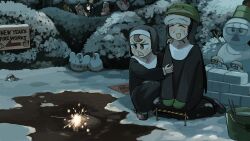 4girls :d bird blonde_hair body_writing brown_eyes brown_hair bucket bush chicken closed_eyes clumsy_nun_(diva) commentary diva_(hyxpk) duck english_commentary fireworks freckles froggy_nun_(diva) green_mittens grey_hair habit highres little_nuns_(diva) mittens multiple_girls nun open_mouth sheep_nun_(diva) slice_of_life smile snow spicy_nun_(diva) traditional_nun triangle_mouth yellow_eyes yellow_mittens