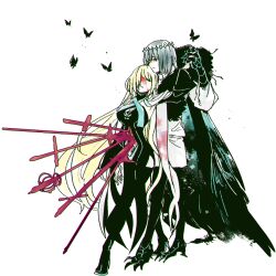 1boy 1girl black_dress blood blood_on_face bug butterfly dress fate/grand_order fate_(series) fur_trim hair_between_eyes high_heels holding_hands insect long_hair monochrome morgan_le_fay_(fate) morgan_le_fay_(queen_of_winter)_(fate) multiple_swords nobicco oberon_(fate) oberon_(third_ascension)_(fate) short_hair simple_background very_long_hair
