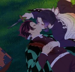 1boy 1girl alternate_universe animal_print blue_butterfly blush bow bug butterfly butterfly_print couple earrings gradient_hair hetero highres holding_hands insect interlocked_fingers jewelry kamado_tanjirou kimetsu_gakuen kimetsu_no_yaiba kishimen_hair kochou_shinobu long_sleeves looking_at_another multicolored_hair necktie open_mouth pov scar scar_on_face scar_on_forehead school_uniform shirt short_hair skirt updo user_fhwv8447 white_shirt yellow_necktie