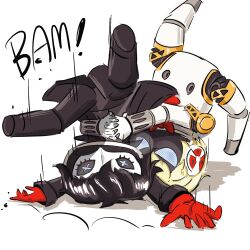 1boy 1girl aigis_(persona) amamiya_ren art3misvariant astro_bot_(series) black_hair black_jacket blonde_hair gloves highres jacket mask persona persona_3 persona_5 red_gloves robot simple_background suplex upside-down x_x