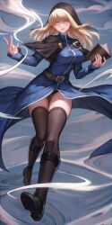 1girl absurdres belt_buckle black_capelet black_panties black_thighhighs blonde_hair blue_dress blush book boots breasts buckle cameltoe capelet dress floating_hair full_body genderswap genderswap_(mtf) gluteal_fold goeniko goenitz habit highres holding holding_book hua-j knee_boots large_breasts long_hair looking_at_viewer m.u.g.e.n panties pantyshot shoe_soles solo svc_chaos the_king_of_fighters the_king_of_fighters_&#039;96 thighhighs underwear wind