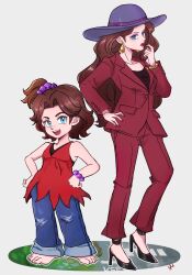 age_comparison agua_mp barefoot blue_eyes bracelet brown_hair denim donkey_kong_(series) donkey_kong_bananza dual_persona earrings formal_clothes freckles gold_earrings hat high_heels highres jeans jewelry mario_(series) nintendo pants pauline_(mario) pauline_(young)_(mario) red_lips red_nails red_suit sleeveless smile suit super_mario_odyssey teardrop_earrings teeth topknot upper_teeth_only wavy_hair