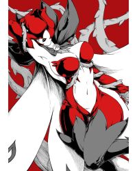 Rule 34 | 1girl, armpits, arms behind head, bodysuit, boots, breasts, cape, cleavage, curvy, digimon, digimon (creature), gloves, groin, highres, large breasts, lips, lipstick, looking at viewer, makeup, mask, mask on head, mature female, midriff, navel, plant, red background, red bodysuit, red gloves, rosemon, shiny clothes, sideboob, sleeveless, thigh boots, thigh gap, thighs, thorns, tiferet, vines, wide hips