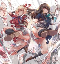 2girls ass black_hair blonde_hair breasts broken_glass finger_on_trigger flying_kick glass grey_skirt gun highres holding holding_gun holding_weapon inoue_takina kicking large_breasts long_hair lycoris_recoil midair multiple_girls nishikigi_chisato red_shirt red_skirt reflection shirt short_hair skirt weapon yazawa_mana