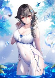 1girl alternate_costume black_hair breasts cleavage covered_navel dress hachiware_(8ware63) hair_between_eyes hair_flaps hair_ornament hair_over_shoulder highres jingei_(kancolle) kantai_collection large_breasts long_hair low_ponytail partially_submerged ponytail red_eyes sleeveless sleeveless_dress smile solo standing whale_hair_ornament white_dress