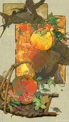 Rule 34 | 1boy, absurdres, aqiu4682, autumn, baby animal, bald, basket, bird, black vest, brown hat, chick, chinese clothes, chinese commentary, collared shirt, commentary request, cropped torso, dated, fingernails, food, fruit, grey background, hat, highres, leaf, long sleeves, looking at food, male focus, nest, nostrils, original, outside border, parted lips, persimmon, picking fruit, pigeon, puffy long sleeves, puffy sleeves, reaching, shirt, signature, slit pupils, solo, straw hat, sun hat, teeth, tree, vest, watermark, weibo watermark, white shirt, yellow eyes