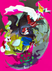 1boy bananako black_eyes black_hair black_vest blue_eyes blue_pants cresselia crossed_arms darkrai froslass full_body gen_4_pokemon giratina hat highres legendary_pokemon looking_at_viewer male_focus mythical_pokemon nintendo pants pink_background pokemon pokemon_(creature) pokemon_dppt red_eyes red_hat rotom rotom_(normal) shirt short_hair simple_background smile spiritomb vest white_shirt