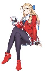Rule 34 | 1girl, absurdres, ascot, black gloves, black pantyhose, closed mouth, commentary request, crossed legs, cup, drill hair, fingerless gloves, full body, gloves, highres, holding, holding cup, invisible chair, kanzuki karin, layered ascot, long hair, multiple drills, pantyhose, pikkard (user dvjw5784), red shoes, shoes, simple background, sitting, smile, solo, street fighter, white ascot, white background