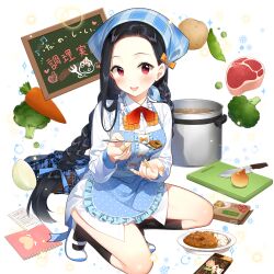 1girl :d apron black_hair blue_skirt blush bow bowl braid calendar_(object) carrot clarice_lapis collared_shirt commentary_request cutting_board eggplant flag food forehead frills fruit full_body hair_bow hair_ornament hair_ribbon hat headscarf heart holding kappougi kneehighs kneeling knife ladle loafers long_hair long_sleeves looking_at_viewer necktie omelet omurice open_mouth pencil pink_eyes polka_dot purple_eyes red_eyes ribbon salt_(salty) school_uniform seiza shirt shoes sign sitting skirt slippers smile socks solo spatula spoon tablet_pc tomato twin_braids twintails uchi_no_hime-sama_ga_ichiban_kawaii vegetable very_long_hair waist_apron white_shirt