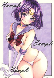 Rule 34 | 1girl, bikini, bishoujo senshi sailor moon, blunt bangs, blush, bow, bowtie, breasts, brooch, choker, circlet, collarbone, commentary, elbow gloves, fat rolls, gem, gloves, groin, heart, heart brooch, jewelry, medium breasts, midriff, miyakooo0420, navel, purple brooch, purple eyes, purple gemstone, purple hair, red bow, red bowtie, sailor saturn, smile, solo, star (symbol), star choker, swimsuit, tomoe hotaru, traditional media, white bikini, white gloves