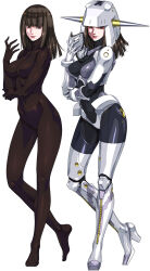 Rule 34 | 1girl, blunt bangs, bodysuit, breasts, brown hair, elbow on arm, gloves, helmet, high heels, highres, holding, holding mask, long hair, mask, medium breasts, momo (optune), multiple views, munya (otikamohe), original, robot girl, white background, white gloves, wrist cuffs
