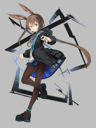 1girl amiya_(arknights) animal_ears anklet arknights ass black_shoes brown_hair commentary_request full_body green_eyes grey_background hair_between_eyes highres jacket jewelry kirishima_naruse leg_up long_hair long_sleeves looking_at_viewer miniskirt open_clothes open_jacket partial_commentary pleated_skirt ponytail purple_skirt ring shoe_soles shoes sidelocks skirt solo standing standing_on_one_leg
