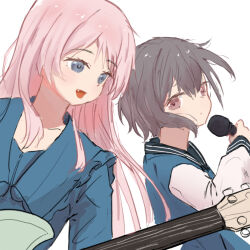 2girls bang_dream! bang_dream!_it&#039;s_mygo!!!!! blush chihaya_anon closed_mouth fang grey_eyes grey_hair long_hair multiple_girls open_mouth pink_hair purple_eyes short_hair simple_background skirt takamatsu_tomori yanyutong64 yuri