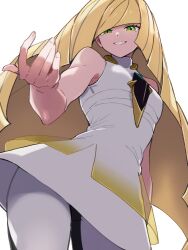 1girl ai-generated blonde_hair breasts crest dress floating_hair green_eyes grin hair_between_eyes hair_over_one_eye highres long_hair looking_at_viewer looking_down lusamine_(pokemon) medium_breasts nintendo one_eye_covered pants pokemon pokemon_sm rewin_(nobabys_perfect) shirt shirt_dress sleeveless sleevleess_shirt smile straight_bangs teeth turtleneck turtleneck_shirt very_long_hair white_background white_dress white_pants white_shirt