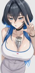 1girl absurdres alternate_costume between_breasts black_hair blue_eyes blue_hair breasts can can_between_breasts cleavage collarbone convenient_breasts dress drink_can energy_drink hair_between_eyes hair_intakes highres holding holding_can hololive hololive_english large_breasts long_hair looking_at_viewer monster_energy multicolored_hair open_mouth ouro_kronii shirt short_hair simple_background sleeveless sleeveless_dress soda_can solo virtual_youtuber white_background white_dress wolf_cut zenya