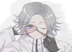 1boy aotsuki_eito arm_up black_gloves commentary covering_one_eye english_commentary floresnowy glasses gloves grey_hair hand_up highres holding holding_paintbrush jacket male_focus one_eye_closed paintbrush painting_(action) portrait purple_eyes short_hair smile solo the_hundred_line_-last_defense_academy- white_jacket