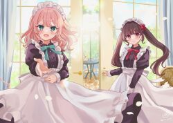 2girls :d apron black_dress blue_bow blue_eyes blue_sky blush bow brown_hair chair closed_mouth cloud cloudy_sky commentary_request day dress frilled_apron frilled_hairband frills hairband highres indoors juliet_sleeves long_sleeves looking_at_viewer maid maid_headdress multiple_girls open_door open_mouth original petals pink_hair puffy_sleeves red_bow red_eyes rino_cnc sky smile table teapot twintails white_apron white_hairband