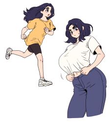 &gt;:( 1girl :o age_progression black_shorts blue_eyes blue_hair closed_mouth cowboy_shot denim full_body jeans long_hair navel open_mouth original pants royal_tea running shirt shoes short_hair shorts simple_background sweat thick_eyebrows undersized_clothes v-shaped_eyebrows white_background white_shirt white_shoes yellow_shirt
