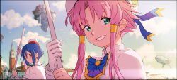 2girls absurdres aika_granzchesta aqua_eyes aria_(manga) aria_company_uniform beret bird blue_bow blue_bowtie blue_hair blue_ribbon blue_sky blurry blurry_background blush bow bowtie brown_eyes capelet cloud cloudy_sky day depth_of_field floating_island foreshortening gloves hair_between_eyes hair_ornament hair_tubes hands_up hat hat_ribbon highres himeya_company_uniform holding holding_oar letro long_sleeves looking_at_viewer mizunashi_akari multiple_girls oar outdoors parted_bangs pink_hair ribbon seagull short_hair short_hair_with_long_locks sidelocks single_glove sky smile spacecraft upper_body venice white_capelet white_hat