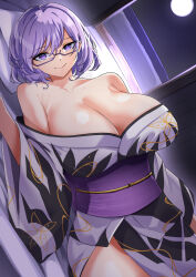Rule 34 | 1girl, bare shoulders, black kimono, breasts, cleavage, collarbone, cowboy shot, digimon, digimon card game, digimon world re:digitize, full moon, glasses, highres, hisuikouha, huge breasts, japanese clothes, kimono, looking at viewer, lying, mikagura mirei, moon, night, off shoulder, on back, on bed, purple eyes, purple hair, semi-rimless eyewear, short hair, smile, solo, under-rim eyewear, white kimono, yukata