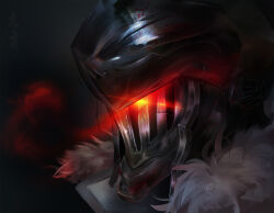 1boy blood_on_armor facing_viewer fur_trim glowing glowing_eyes goblin_slayer goblin_slayer! gradient_background grey_background helm helmet highres jiu_su male_focus portrait shiny_clothes solo translation_request