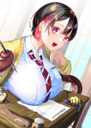 1girl ano_toki_tasukete_itadaita_monster_musume_desu black_hair breast_rest breasts bug classroom claudia_(ano_toki_tasukete_itadaita_monster_musume_desu) desk earrings female_focus fingernails hand_up heart heart_earrings highres holding holding_pen huge_breasts indoors ink inkwell jewelry large_breasts long_fingernails looking_at_viewer monster_girl multicolored_hair necktie nib_pen_(object) octopus_girl okinosuke_0 open_mouth paper pen pink_eyes pink_hair pocket red_necktie school_desk school_uniform scylla shirt_pocket short_hair solo striped_necktie sweater teeth tentacles tongue upper_body upper_teeth_only