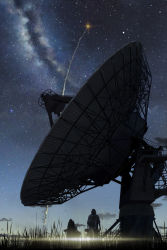 Rule 34 | absurdres, aki (aki k6), ambiguous gender, commentary request, facing away, from behind, galaxy, grass, highres, light rays, milky way, night, night sky, original, outdoors, radio telescope, rocket ship, scenery, sky, solo, spacecraft, star (sky), starry sky