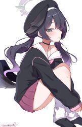 1girl beret black_hair black_hat black_wings blue_archive braid braided_bun cosplay double_bun feathered_wings grey_eyes grey_halo hair_bun halo hat head_wings highres kisaki_(blue_archive) koharu_(blue_archive) koharu_(blue_archive)_(cosplay) long_hair loose_socks low_wings miniskirt neckerchief pink_neckerchief pink_skirt pleated_skirt sailor_collar sazamiso_rx skirt socks solo twintails white_sailor_collar white_socks wings