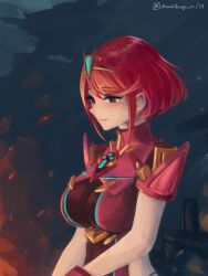 1girl artist_name bob_cut campfire closed_mouth commentary core_crystal_(xenoblade) earrings embers gem green_gemstone highres hoop_earrings impossible_clothes jewelry large_variant_set pyra_(xenoblade) red_eyes red_hair riro_(breakthrough_rr) short_hair sidelocks smile solo tiara twitter_x_logo upper_body variant_set xenoblade_chronicles_(series) xenoblade_chronicles_2